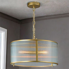 Load image into Gallery viewer, Carter 4 Light Painted Gold Ribbon Glass Pendant hanging on ceiling of neutrally painted room, LHCLPF5018/4GLD, ceiling light,