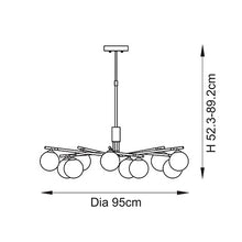 Load image into Gallery viewer, Line drawing of Aaron 10 Light Pendant Aged Brass with dimensions, LHEND118652, ceiling light,