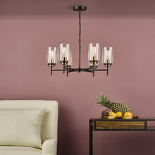 Load image into Gallery viewer, Abel 6 Light Black/Gold Pendant on ceiling of living room with couch and table with platter of fruit, LHDARABE0654, ceiling light,