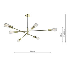 Load image into Gallery viewer, Line drawing of Alana 6 Light Pendant Polished Gold with dimensions, LHDARALA0635, ceiling light,