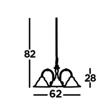 Load image into Gallery viewer, Line drawing of American Diner 3 Light Antique Brass & Ribbed Glass Pendant with Dimensions, LHSL9343-3, ceiling light,