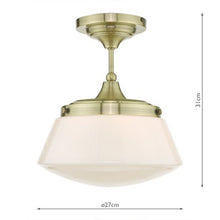 Load image into Gallery viewer, Caden Bathroom Semi Flush Antique Brass Opal Glass IP44 with dimensions, LHDARCAD0175, ceiling light,