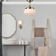 Load image into Gallery viewer, Caden Bathroom Semi Flush Antique Brass Opal Glass IP44 on bathroom ceiling, LHDARCAD0175, ceiling light,