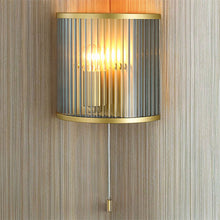 Load image into Gallery viewer, Carter 1 Light Painted Gold Carter Ribbon Glass Wall Light on wooden wall, LHCLWB5018/1GLD, wall light,