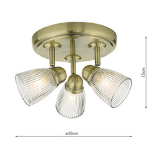 Load image into Gallery viewer, Cedric 3 Light Spotlight Antique Brass Glass IP44 Bathroom Ceiling Light with dimensions, LHDARCED7675, bathroom ceiling light,