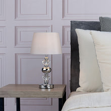 Load image into Gallery viewer, Edith Touch Table Lamp Polished Chrome with Shade in use in bedroom, LHDAREDI4150