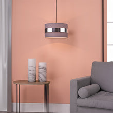 Load image into Gallery viewer, Oki Easy Fit Grey Shade With Chrome Band in living room with table and sofa chair, LHDAROKI6539, hanging shade,