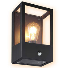 Load image into Gallery viewer, Black outdoor wall light fixture with glass cover and illuminated bulb on a white background.