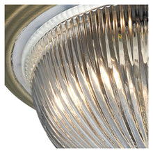 Load image into Gallery viewer, American Diner IP44 Antique Brass Flush Fitting Clear Ribbed Glass Zoomed In