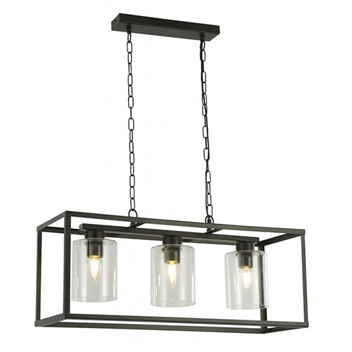 A modern classic design 3 light caged ceiling bar pendant in a black finish with Clear Black Glass Shades. The cables can be shortened at the point of installation for use in rooms with lower ceilings, this would be great for lighting over tables and kitchen islands