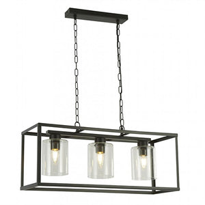 A modern classic design 3 light caged ceiling bar pendant in a black finish with Clear Black Glass Shades. The cables can be shortened at the point of installation for use in rooms with lower ceilings, this would be great for lighting over tables and kitchen islands