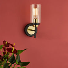 Load image into Gallery viewer, Abel Wall Light Satin Black &amp; Gold with Glass Shades In Use
