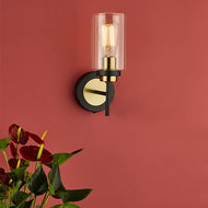 Abel Wall Light Satin Black & Gold with Glass Shades on red wall with flowers, LHDARABE0754, wall light, 