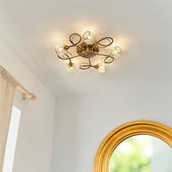 Aherne 5 Light Antique Brass Semi-Flush Ceiling Light above mirror and curtain, LHEND73757, ceiling light,