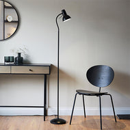 Amalfi Task Floor Lamp Matt Black with black chair in living room, LHEND106997, floor lamp,