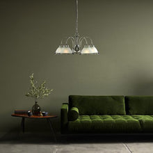 Load image into Gallery viewer, American Diner 5Lt Pendant - Satin Silver &amp; Acid Glass in living room with green sofa, LHSL1045-5,
