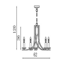 Load image into Gallery viewer, Line drawing of Ascona 5Lt Pendant Satin Brass Metal &amp; Glass with dimensions, LHSL4165-5SB, ceiling light,
