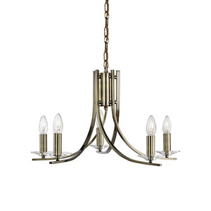 Ascona Antique Brass 5 Light Fitting With Clear Glass Sconces