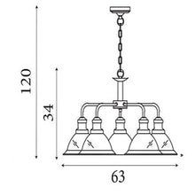Load image into Gallery viewer, Technical drawing of a five-light chandelier with dimensions labelled, LHSL1591-5SS
