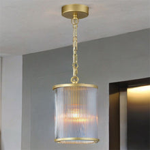 Load image into Gallery viewer, Carter 1 Light Painted Gold Ribbon Glass Pendant hanging from ceiling of white walled room, LHCLPF5018/1GLD, ceiling light,
