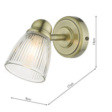 Load image into Gallery viewer, Cedric Bathroom Single Wall Spotlight Antique Brass Glass IP44 DImensions
