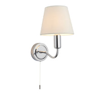 Conway Wall Light Chrome, Wall-mounted lamp with a white shade and chrome fixture, pull down switch, LHEND93851,