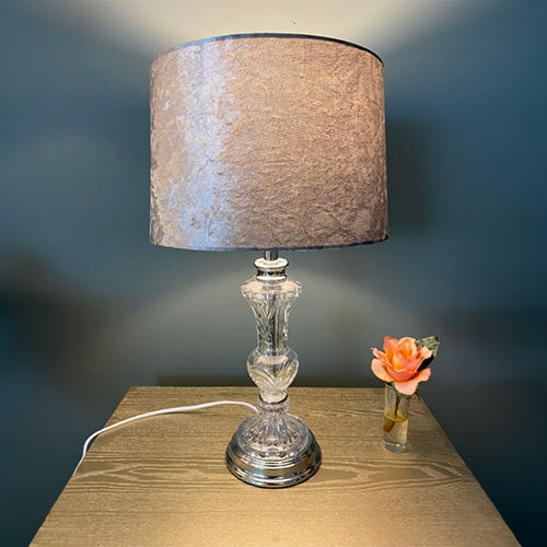 Q Glass and Chrome Metal Table Lamp Velvet Shade