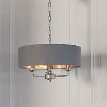Load image into Gallery viewer, Highclere 3LT Nickel/Charcoal Pendant hanging from ceiling in white walled room, LHEND94377, ceiling light, 
