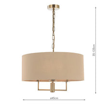 Load image into Gallery viewer, Jamelia 3 Light Shadelier Antique Brass Taupe Shade Dimensions
