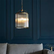 Lambeth 4 Light Ribbed Pendant - Antique Brass above grey sofa in sitting room with blue walls, LHEND106711, ceiling light,