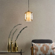 Majella Pendant Aged Brass and Champagne Glass in living room with chair and table, LHDARMAJ0145, ceiling light, 