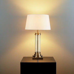 Pedestal Table Lamp - Antique Brass, Glass & Cream Fabric In Use