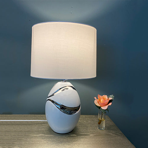 Q Table Lamp White with Silver Swirl Design