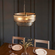 Ridgeton 5 Light Antique Brass Pendant installed in kitchen above table, LHEND110944, ceiling light,