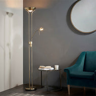 Rome Mother & Child Antique Brass Task Floor Lamp in corner of room with coffee table and sofa, LHENDROME-AN, task floor lamp,