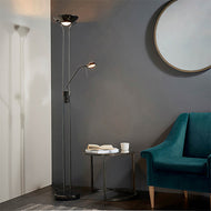 Rome Mother & Child Black Chrome Task Floor Lamp in corner of room with coffee table and sofa beside it, LHENDROME-BC, task floor lamp,