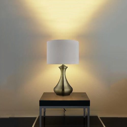 Touch Table Lamp - Antique Brass Metal & Ivory Fabric Shade In Use