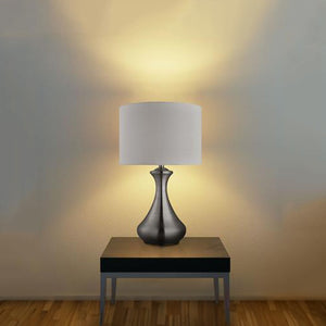 Touch Table Lamp - Satin Silver Metal & Ivory Fabric Shade In Use