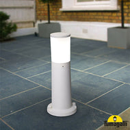Amelia 400 Bollard 12W LED Grey in garden on blue tiles, LHECIFMDR2574N1LLY, Outdoor Bollard Light,