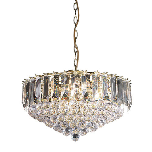 The Fargo pendant is finished in brass effect with clear acrylic detailing. 
