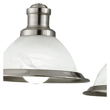 Load image into Gallery viewer, This Bistro satin silver 3 light ceiling fitting with acid glass shades has a simplistic look that will add add a retro feel to any dining room or kitchen. Reminiscent of the style of classic diners and bistros, the ceiling light comprises of three classic art deco shades finished in a sleek satin silver, with acid glass to provide clean lighting effects. This ceiling light brings a distinctive and elegant style to any setting, and the chain can be adjusted for different ceiling heights.
