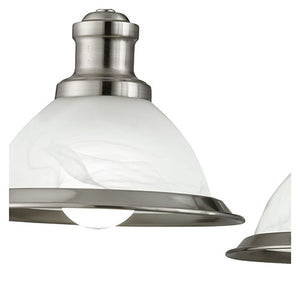 This Bistro satin silver 3 light ceiling fitting with acid glass shades has a simplistic look that will add add a retro feel to any dining room or kitchen. Reminiscent of the style of classic diners and bistros, the ceiling light comprises of three classic art deco shades finished in a sleek satin silver, with acid glass to provide clean lighting effects. This ceiling light brings a distinctive and elegant style to any setting, and the chain can be adjusted for different ceiling heights.