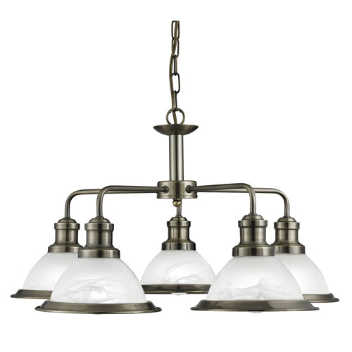 This Bistro antique brass 5 light ceiling fitting with acid glass shades has a simplistic look that will add add a retro feel to any dining room or kitchen. Reminiscent of the style of classic diners and bistros, the ceiling light comprises of five classic art deco shades finished in a traditional antique brass, with acid glass to provide clean lighting effects. This ceiling light brings a distinctive and elegant style to any setting, and the chain can be adjusted for different ceiling heights.