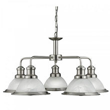 Load image into Gallery viewer, Bistro Satin Silver 5 Light Ceiling Fitting With Acid Glass Shades
