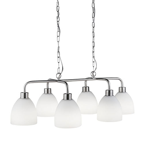 Cromwell 6 Light Pendant Satin Silver With White Glass