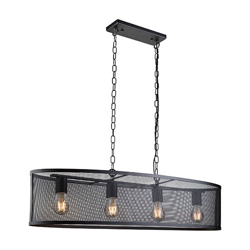 This stunning Fishnet matt black light pendant encapsulants 4 lamps within a beautiful ornate black mesh cage. The matt black shade is created using 2 curved perforated black panels, they house 3 light fittings positioned centrally.