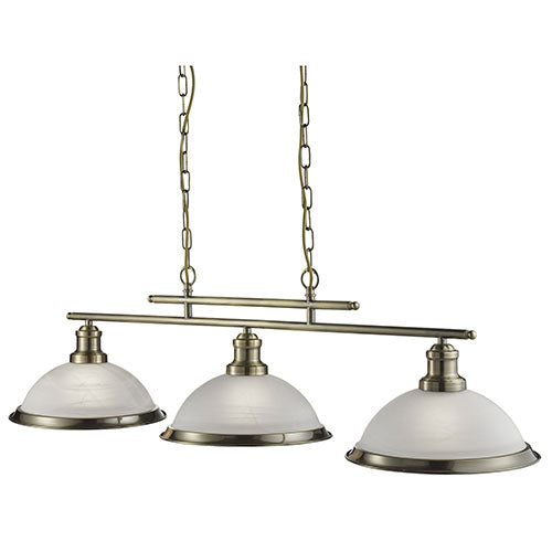 Bistro Antique Brass 3 Light Ceiling Bar Pendant With Marble Glass Shades