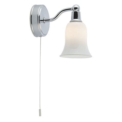 Chrome Wall Light With White Glass Shade, This chrome wall Light with bell-shaped white glass shade and pull cord switch is a modern take on a classic design. The handy pull cord is perfect for the bathroom, and the opal glass shade creates an elegant lighting effect.