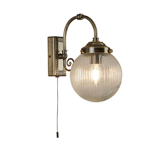 IP44 1 Light Antique Brass Bathroom Wall Light Clear Ridged Globe Shade