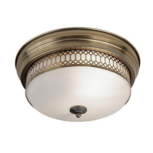 A traditional design for classic interior. The 2 light Flush is designed in an Antique Brass finish surrounded by an opal glass shade, place this Flush in a bathroom with its IP44 rating.